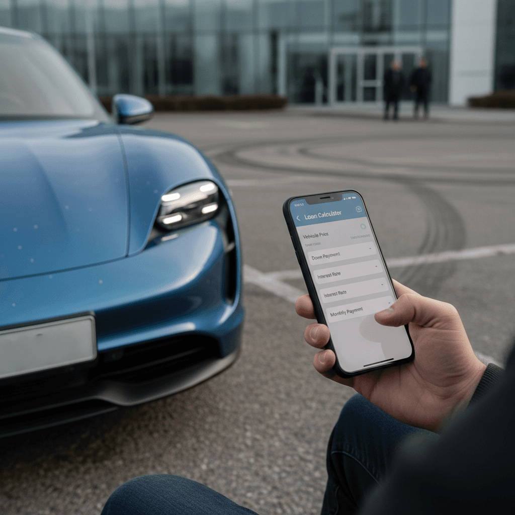 Driver using a smartphone loan calculator app while standing next to a Porsche Taycan parked in a driveway