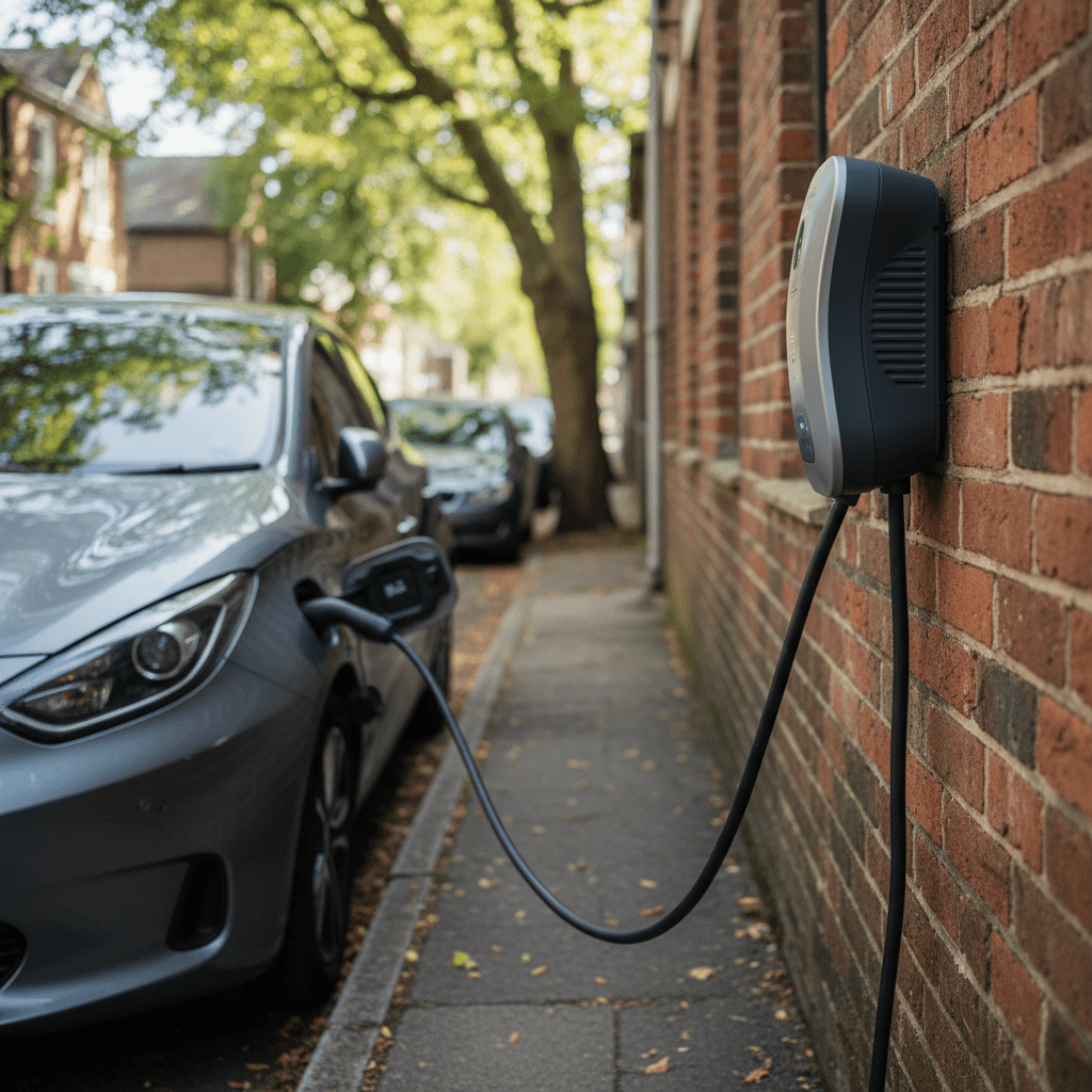 Electric car plugged into a curbside Level 2 charging station along a brick-lined Norfolk street