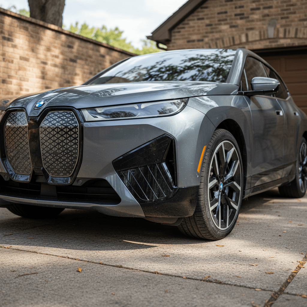 2022 BMW iX parked in a driveway highlighting body panels and wheel arches where squeaks and trim issues can appear