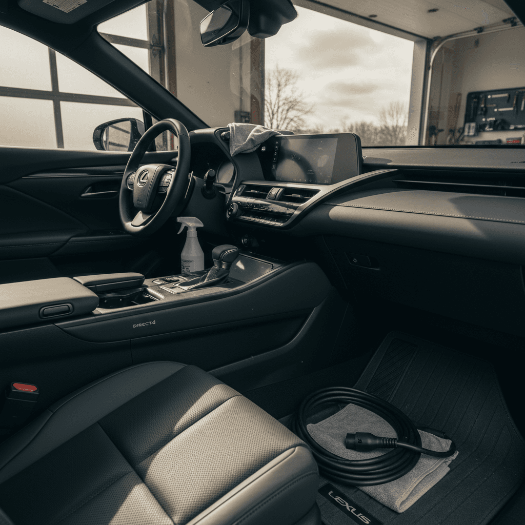 Owner vacuuming a Lexus RZ 450e interior while its charging cable and key fob are neatly laid out for sale prep