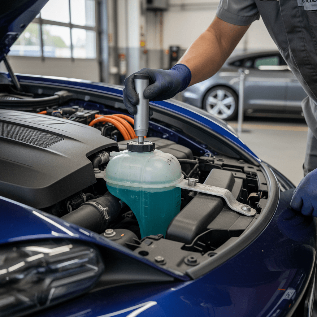 Technician checking the Porsche Taycan coolant reservoir during a pre-purchase inspection