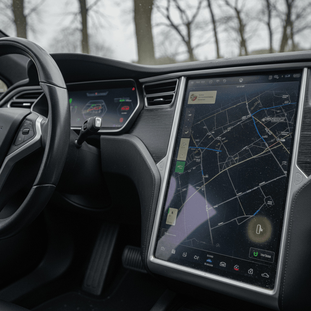 Tesla Model S interior with center touchscreen, reflecting the tech-heavy nature of the car and its impact on long-term reliability.