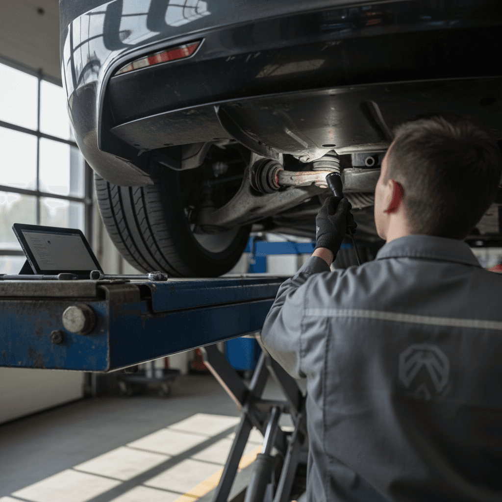 Technician inspecting the front suspension and control arms of a Tesla Model S on a service lift