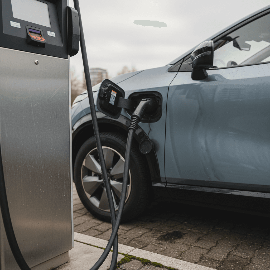 Nissan Ariya charging at a public DC fast charging station, front three-quarter view