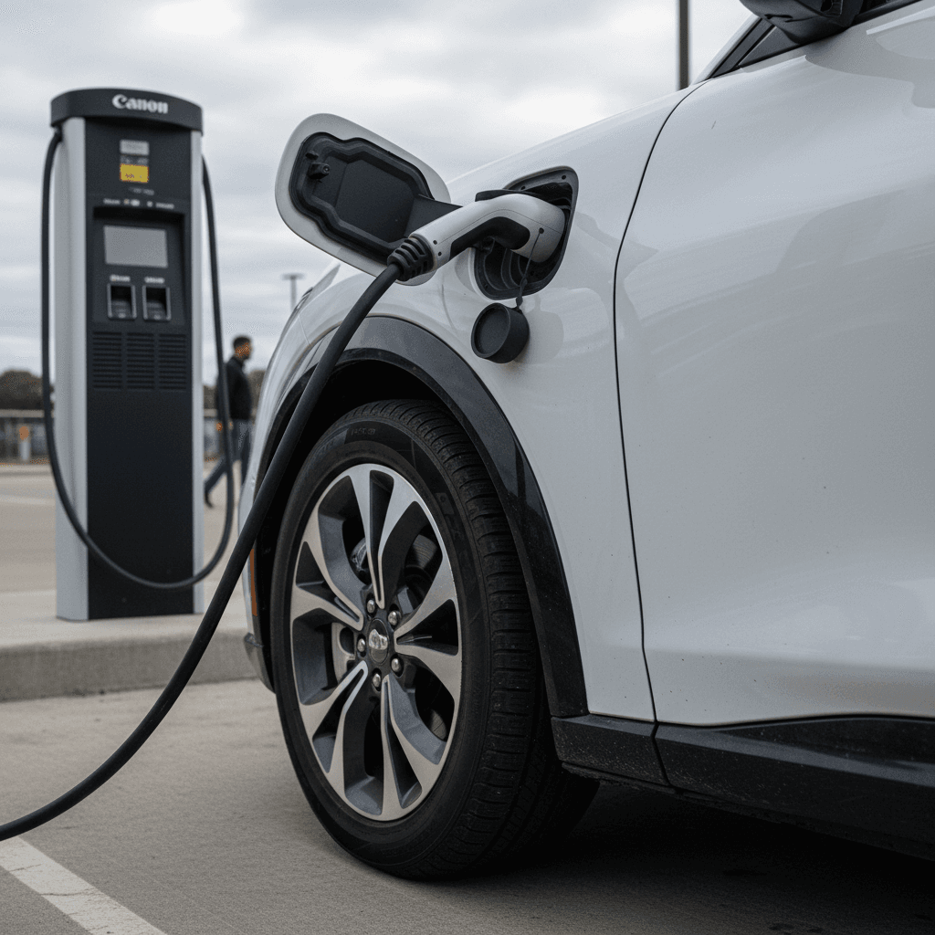 Close-up of a 2024 Ford Mustang Mach‑E plugged into a DC fast charger showing wheel and charge port