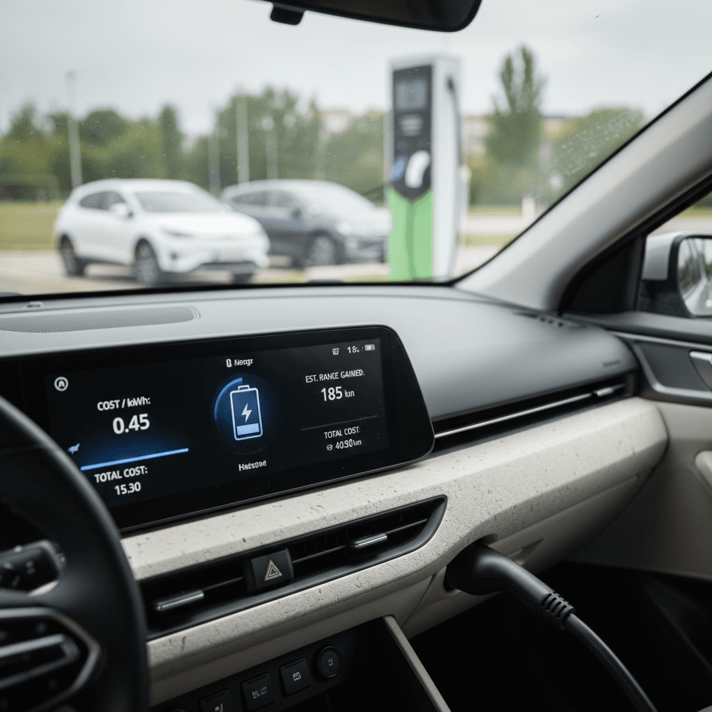 Hyundai Ioniq 5 charging screen showing energy usage and cost information on center display