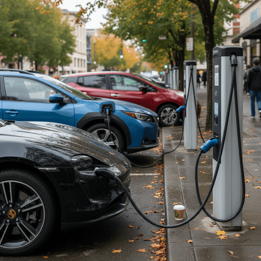 Row of EVs charging at curbside Level 2 stations on a Portland street, with buildings and trees in the background