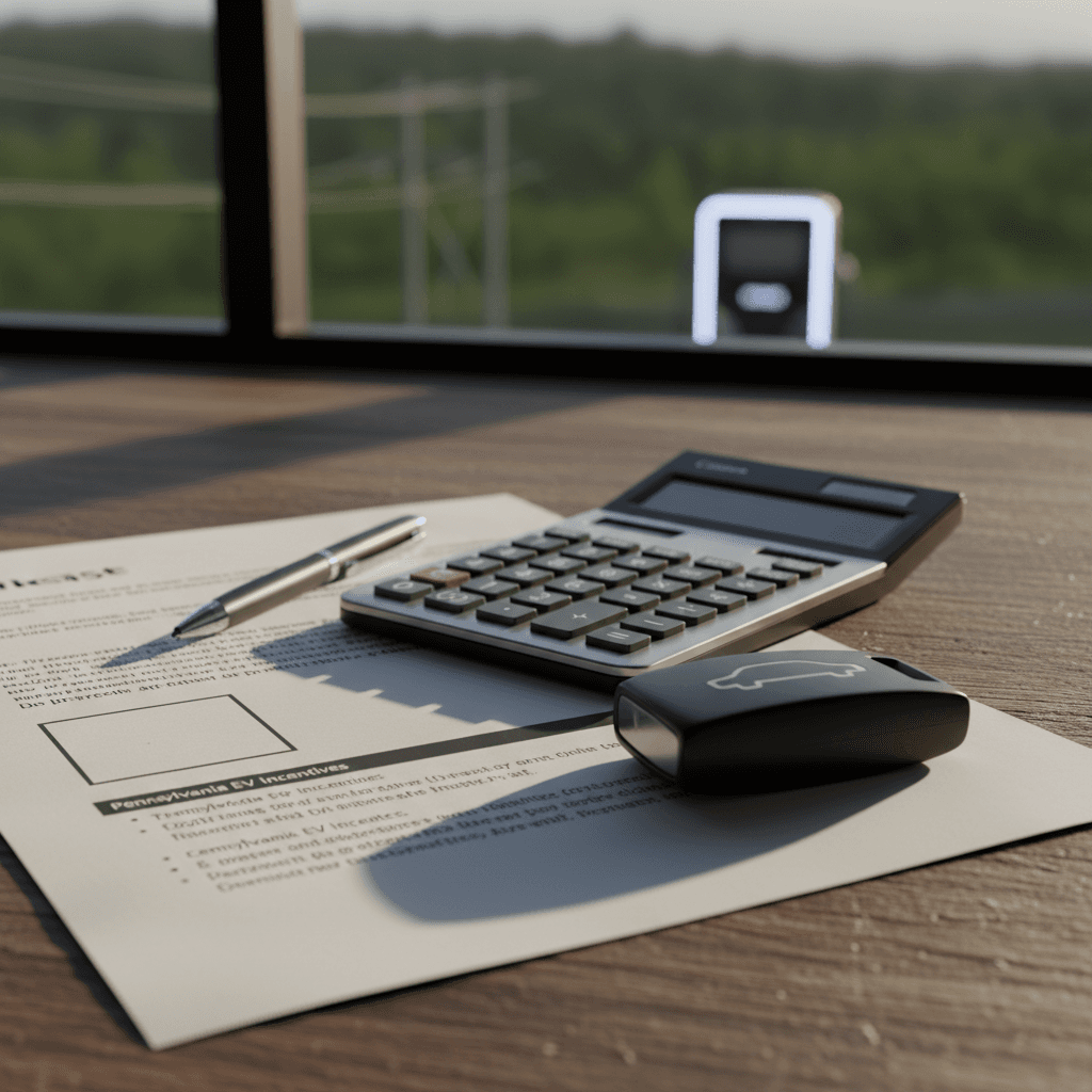 Close-up of a Pennsylvania car lease agreement and calculator on a desk next to an electric vehicle key fob.