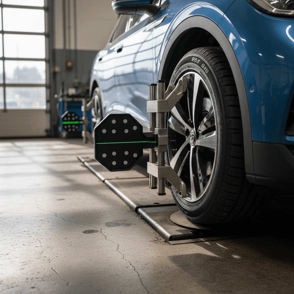 Volkswagen ID.4 wheel and tire on a lift during service, showing modern EV alloy wheel design