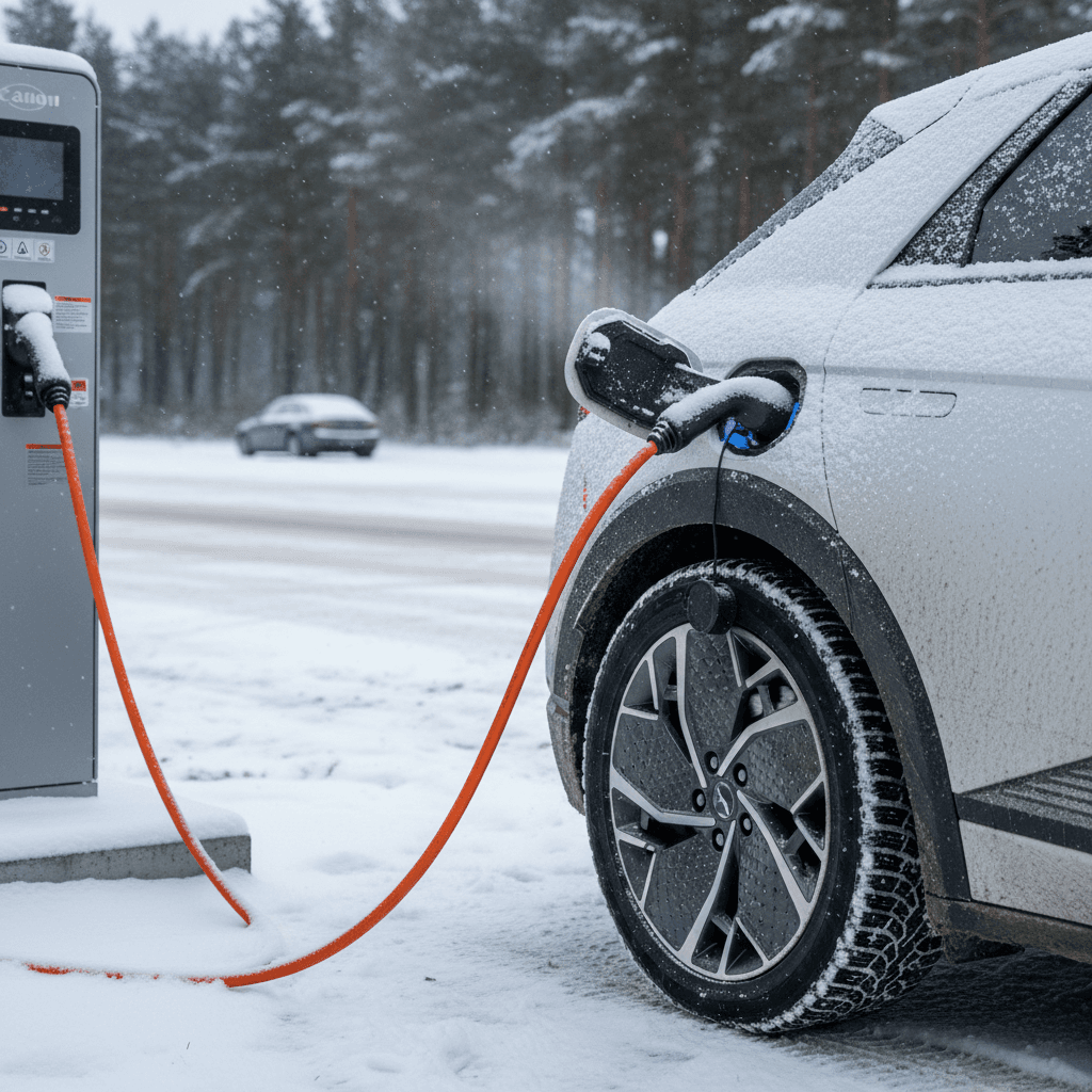 Hyundai IONIQ 5 charging at a DC fast charger in a snowy parking lot