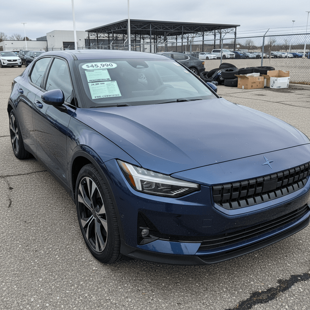 Row of used Polestar 2 vehicles parked in a lot with visible price stickers