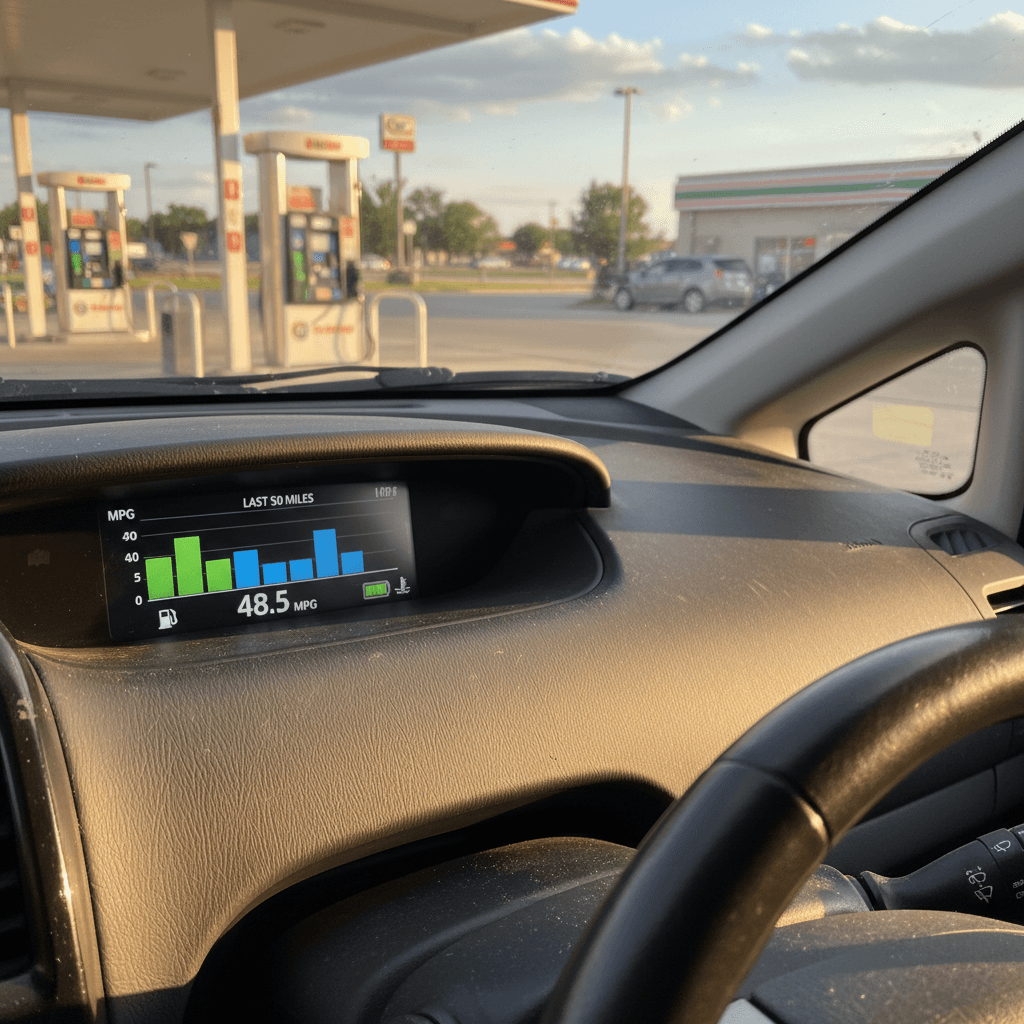 Hybrid car dashboard display showing high average fuel economy