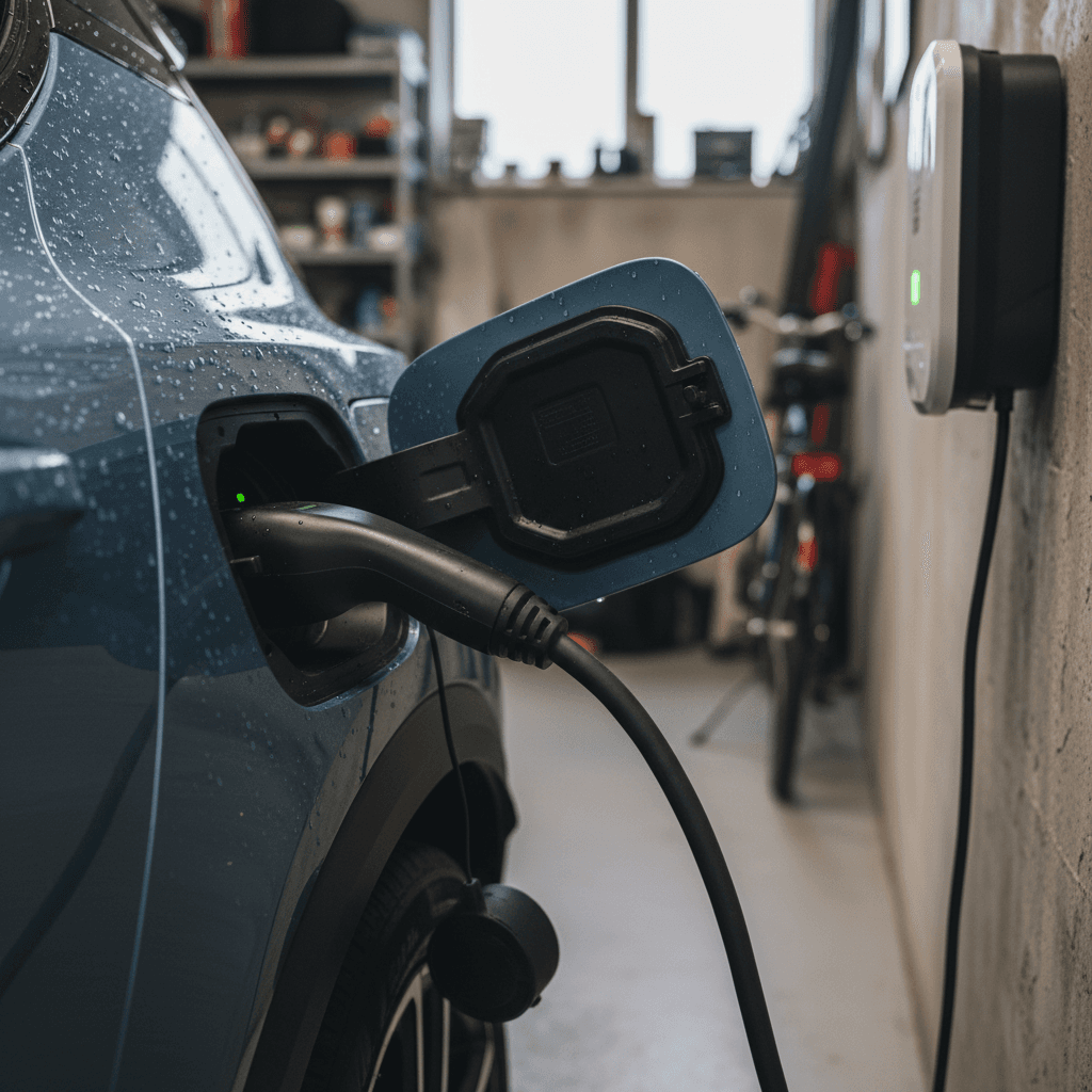 Volvo EX30 plugged into a home wallbox charger in a residential driveway, representing everyday battery use and charging habits