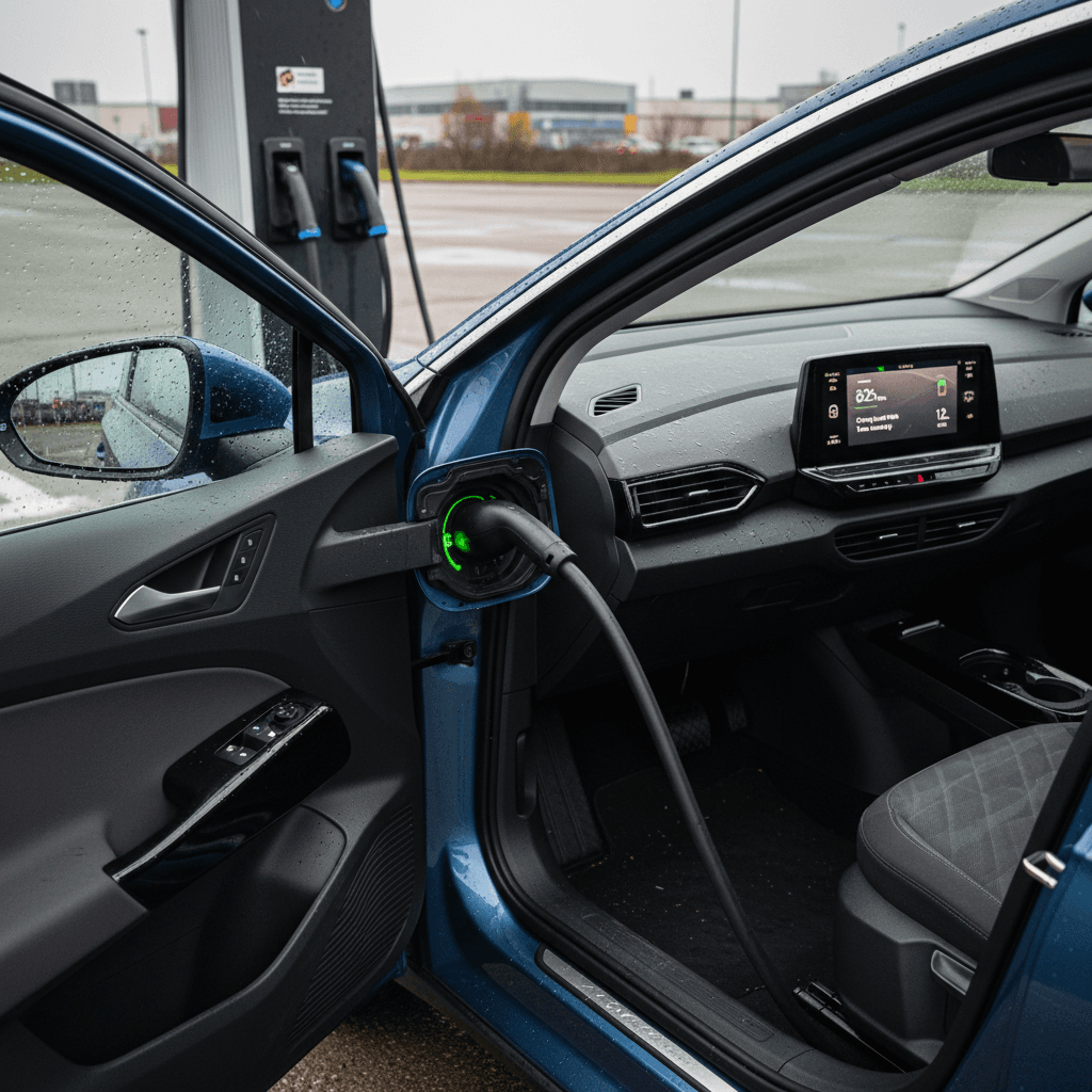 2024 Volkswagen ID.4 plugged into a DC fast charger with the digital instrument cluster showing remaining range