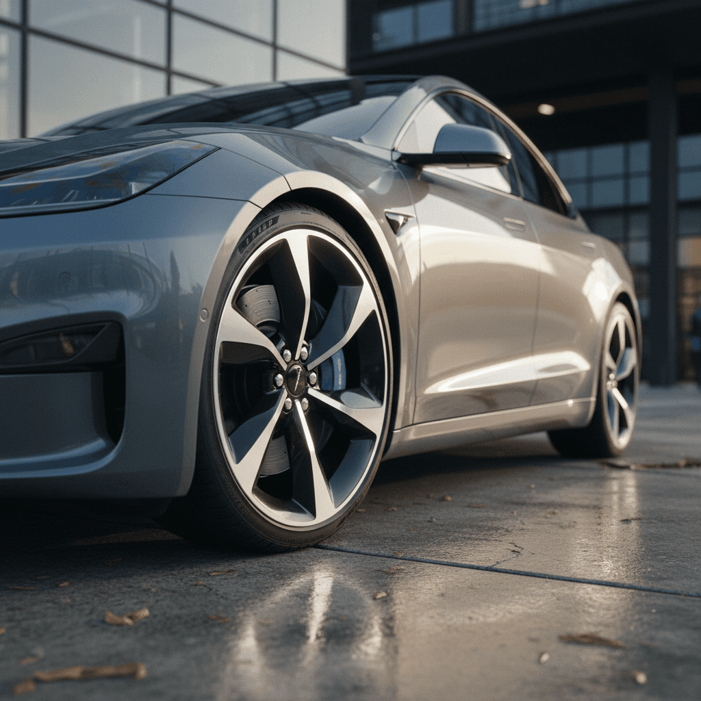 Sleek modern electric sedan highlighting flowing roofline, aero wheels, and flush door handles