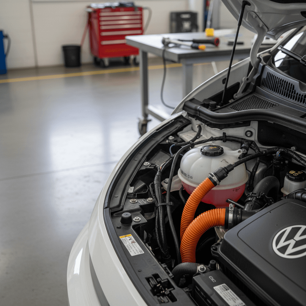 Volkswagen ID. Buzz coolant reservoir and hoses under the hood during inspection
