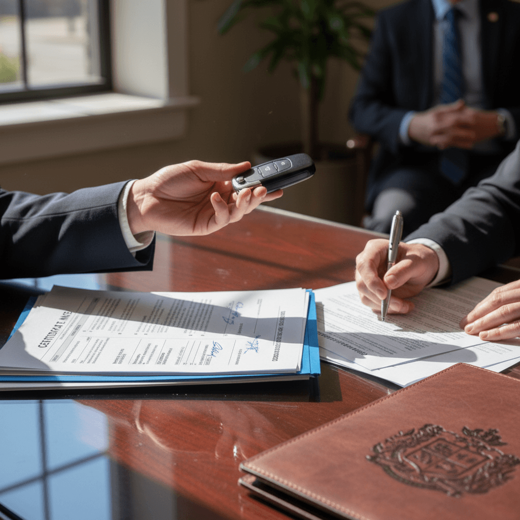 Seller and buyer signing Pennsylvania vehicle title at a notary while discussing electric car battery health report