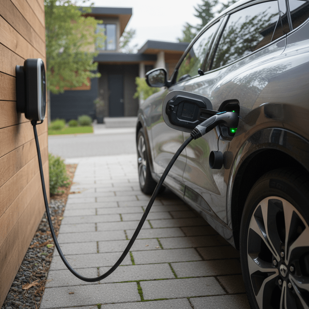 Ford Mustang Mach-E charging at a home Level 2 station in a modern driveway, highlighting long-term EV ownership