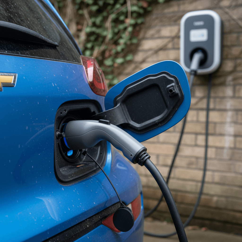 Close-up of a 2021 Chevy Bolt EV plugged into a home Level 2 charging station in a garage