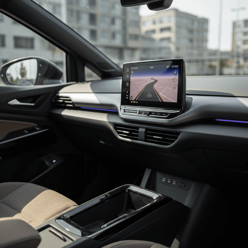 Modern interior of a 2025 Volkswagen ID.4 with updated infotainment screen and ambient lighting