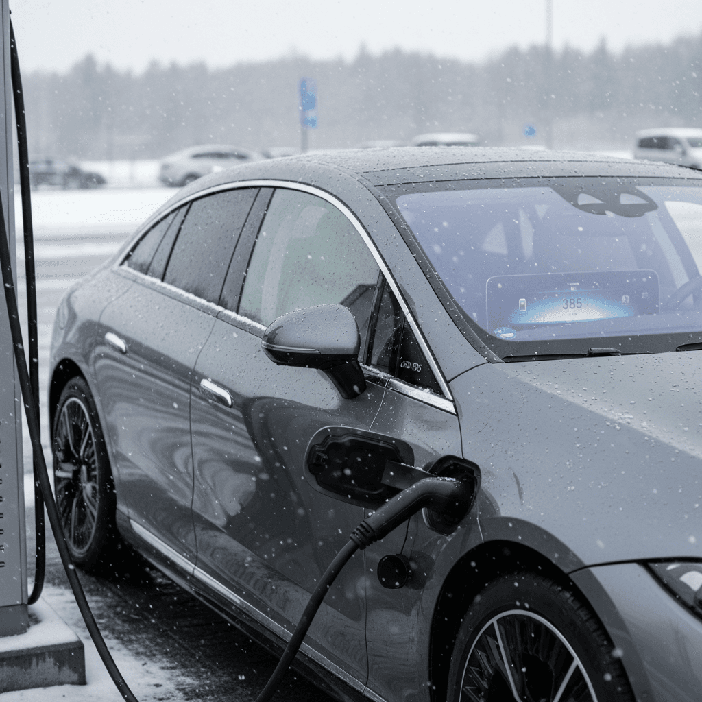 Mercedes EQS plugged into a DC fast charger in light snow, showing remaining winter range on its dashboard display