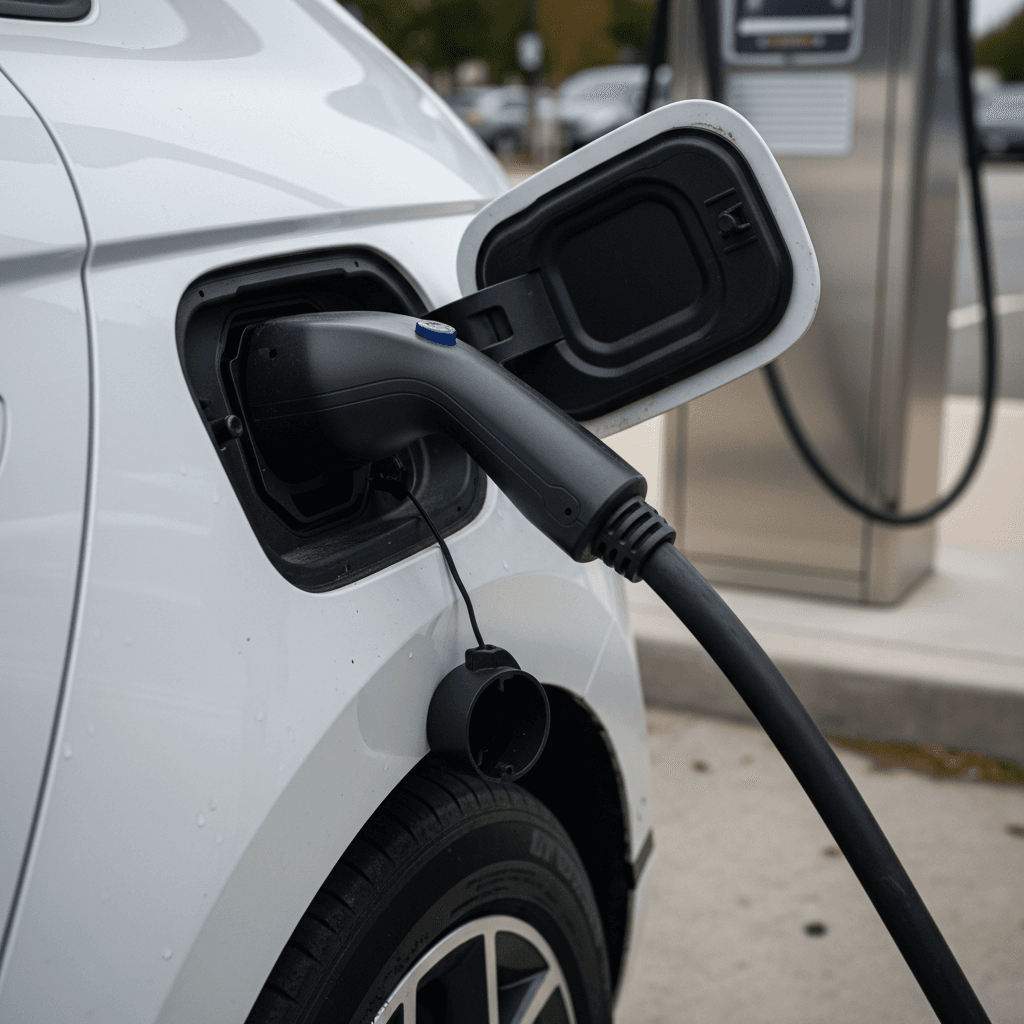 Hyundai Ioniq 5 connected to a public DC fast charger, focusing on the charging port area