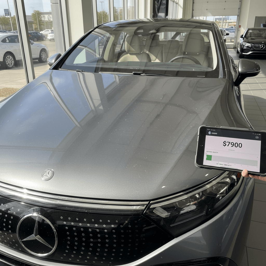 Technician using a tablet to read battery health and trade-in valuation data on a used Mercedes EQS in a modern showroom