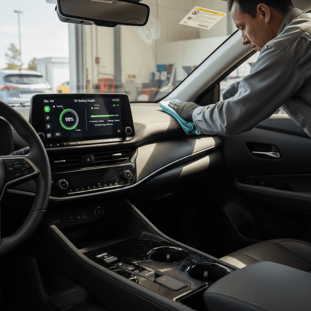 Owner wiping down a Nissan Ariya interior and reviewing battery health information on the center screen before selling the EV