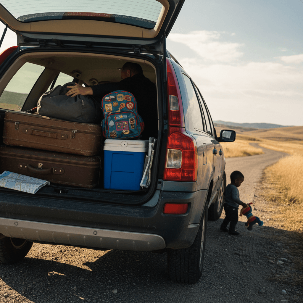 Family loading bags into the rear of a compact SUV in a driveway