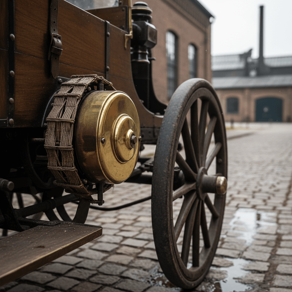 Restored 19th-century electric carriage displayed in a museum gallery