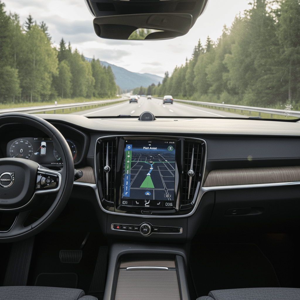 Driver using Volvo EX90 Pilot Assist and navigation on highway during a road trip
