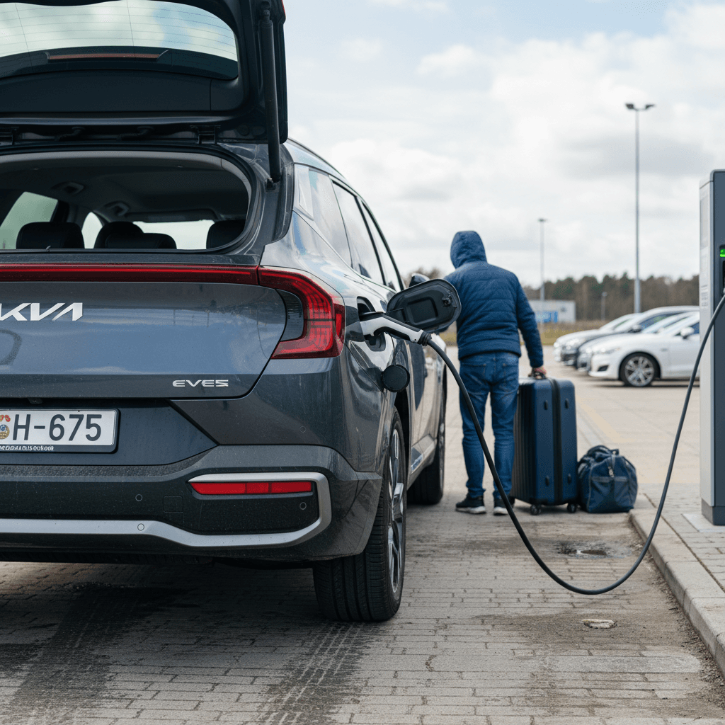 Kia EV9 charging at a highway DC fast charger while the driver loads luggage into the rear cargo area