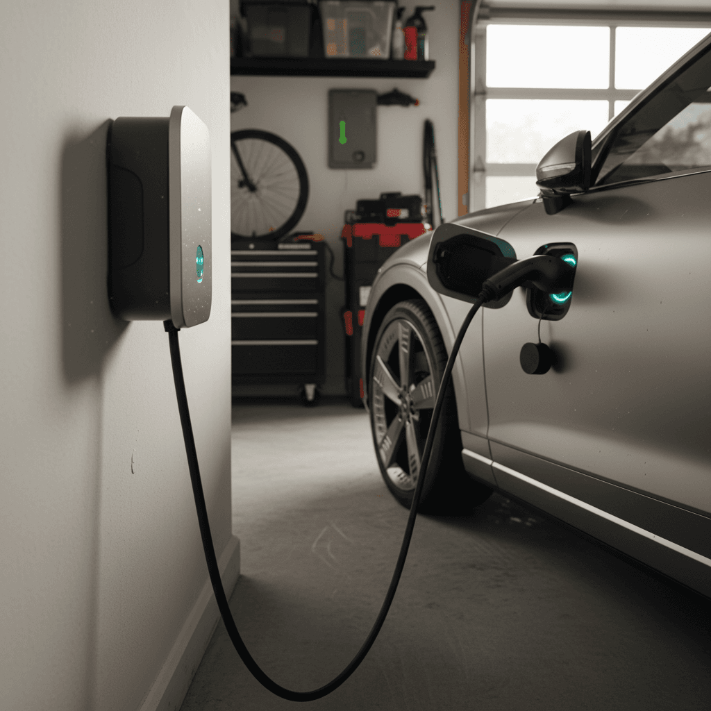 Level 2 home charger mounted on a garage wall and plugged into a Genesis GV60