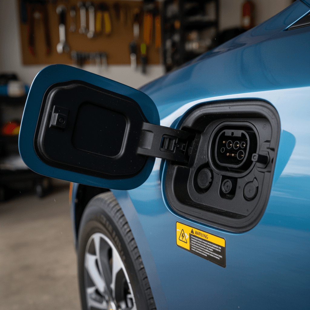 Close-up of a Chevrolet Equinox EV charging port and high-voltage battery warning label while the SUV is plugged in
