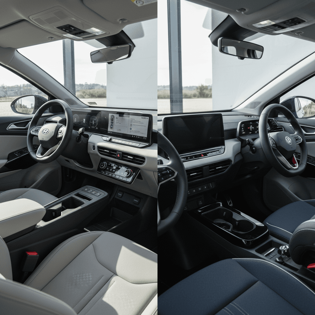 Hyundai Ioniq 5 and Volkswagen ID.4 parked at adjacent DC fast chargers showing different charging displays