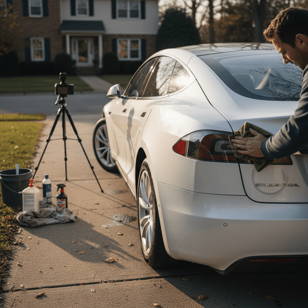 Owner cleaning and photographing a Tesla Model S in a driveway before listing it for sale