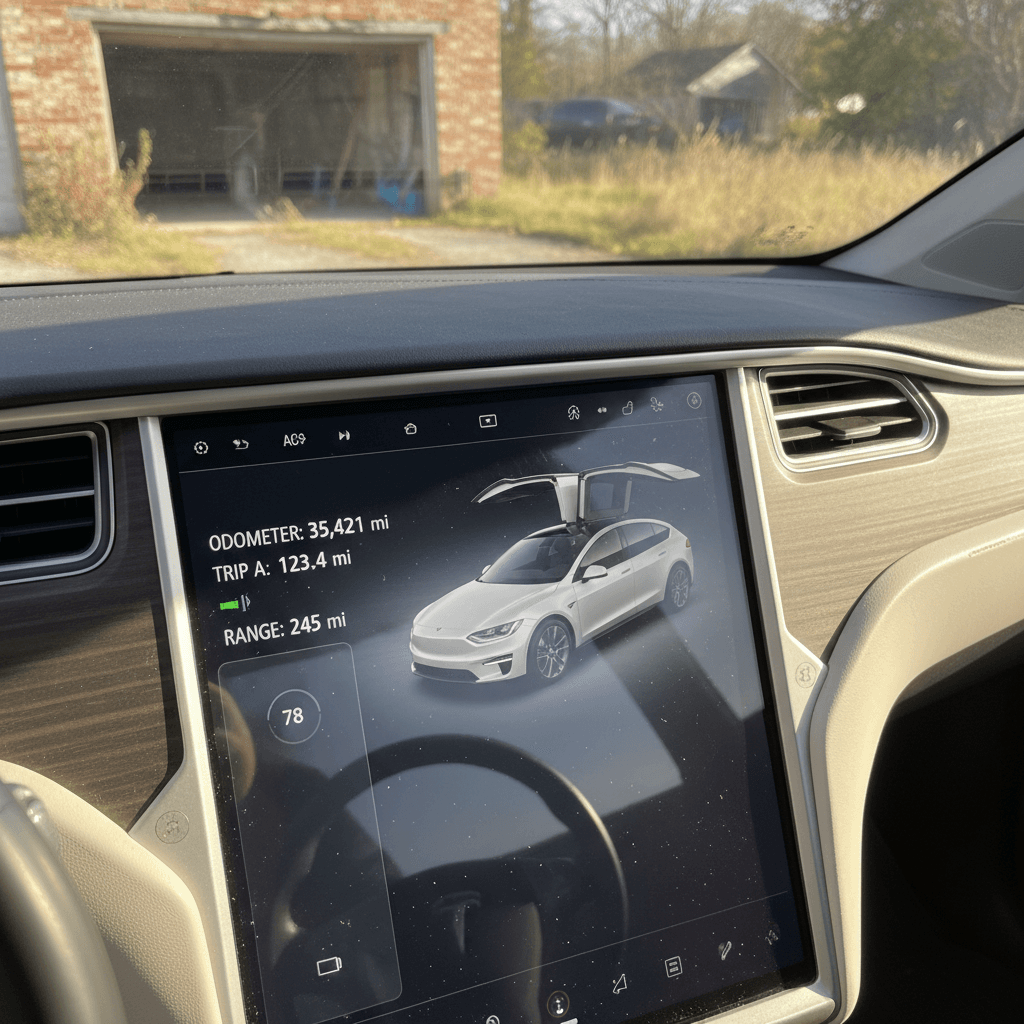 Tesla Model X interior and touchscreen displaying mileage and vehicle status before sale