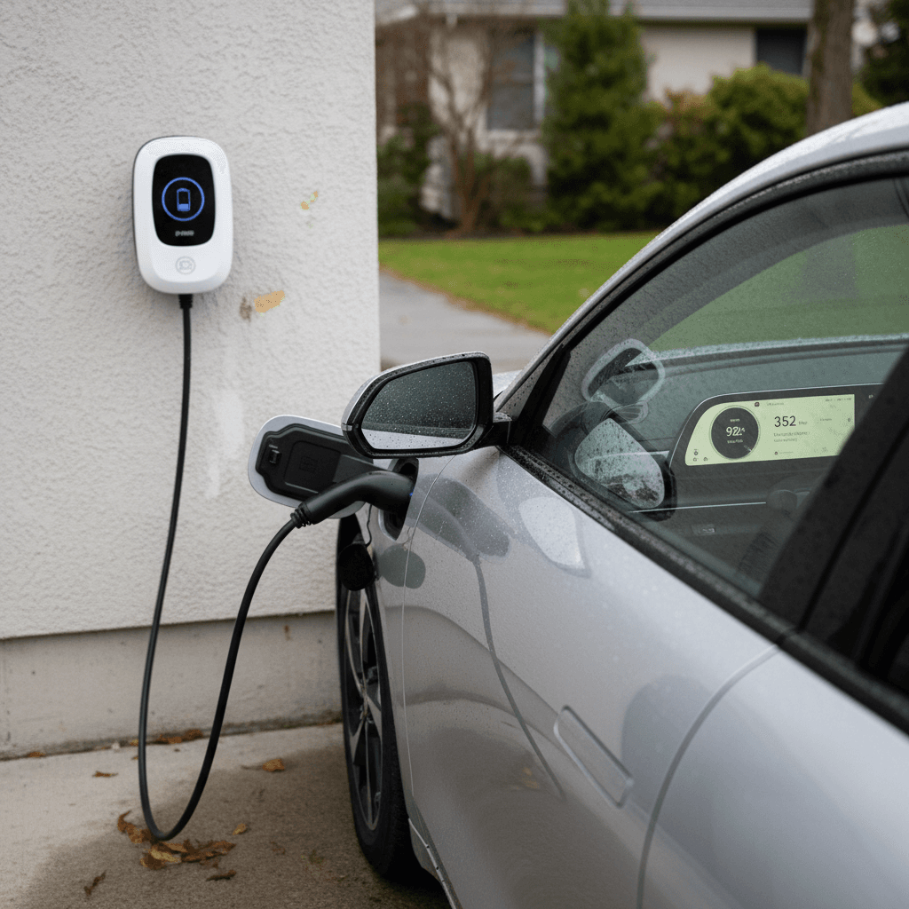 Hyundai Ioniq 6 charging at a home Level 2 charger while the dashboard shows battery health and range