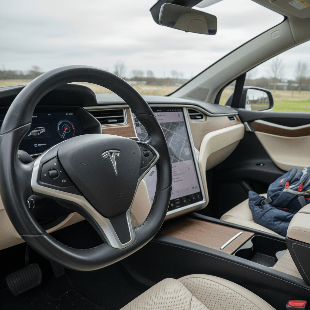 Interior of a 2023 Tesla Model X showing yoke-style steering, central touchscreen and three-row seating layout