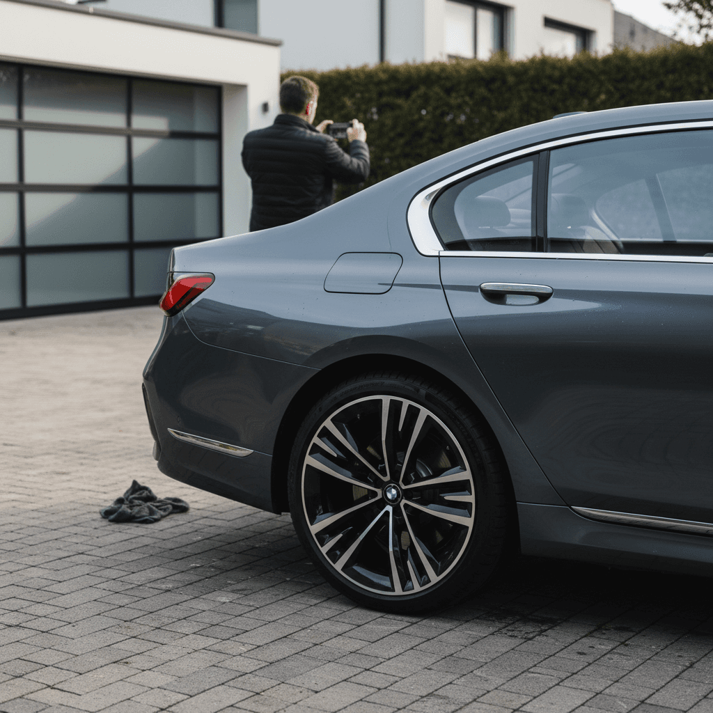 Owner photographing a clean BMW i7 in a driveway to create an online listing