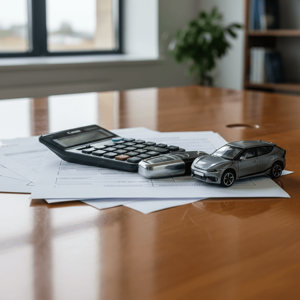 Auto loan paperwork, calculator, car key fob and small electric crossover model representing a used Kia EV6 purchase