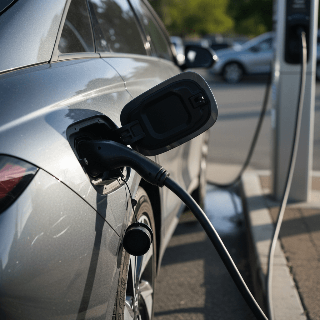 Close-up of a Hyundai Ioniq 6 charging port door showing hinge and trim area