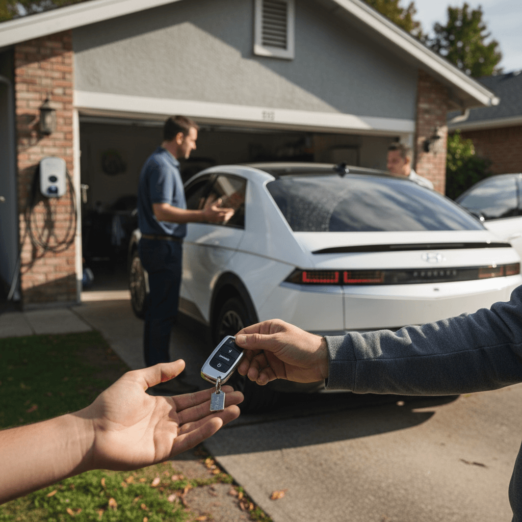 Hyundai Ioniq 5 owner handing keys to a buyer outside a California home with an EV charger on the garage wall