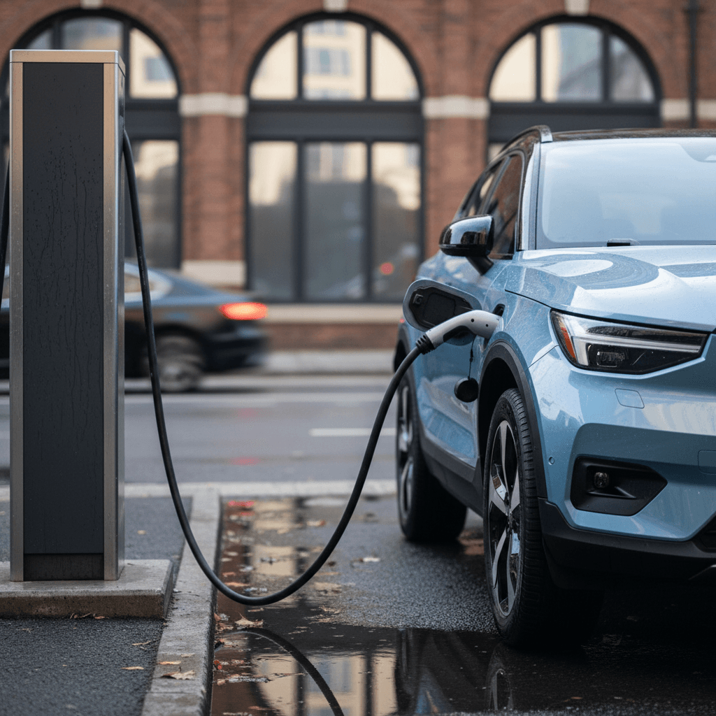 2025 Volvo EX30 charging at a public DC fast charger in an urban setting