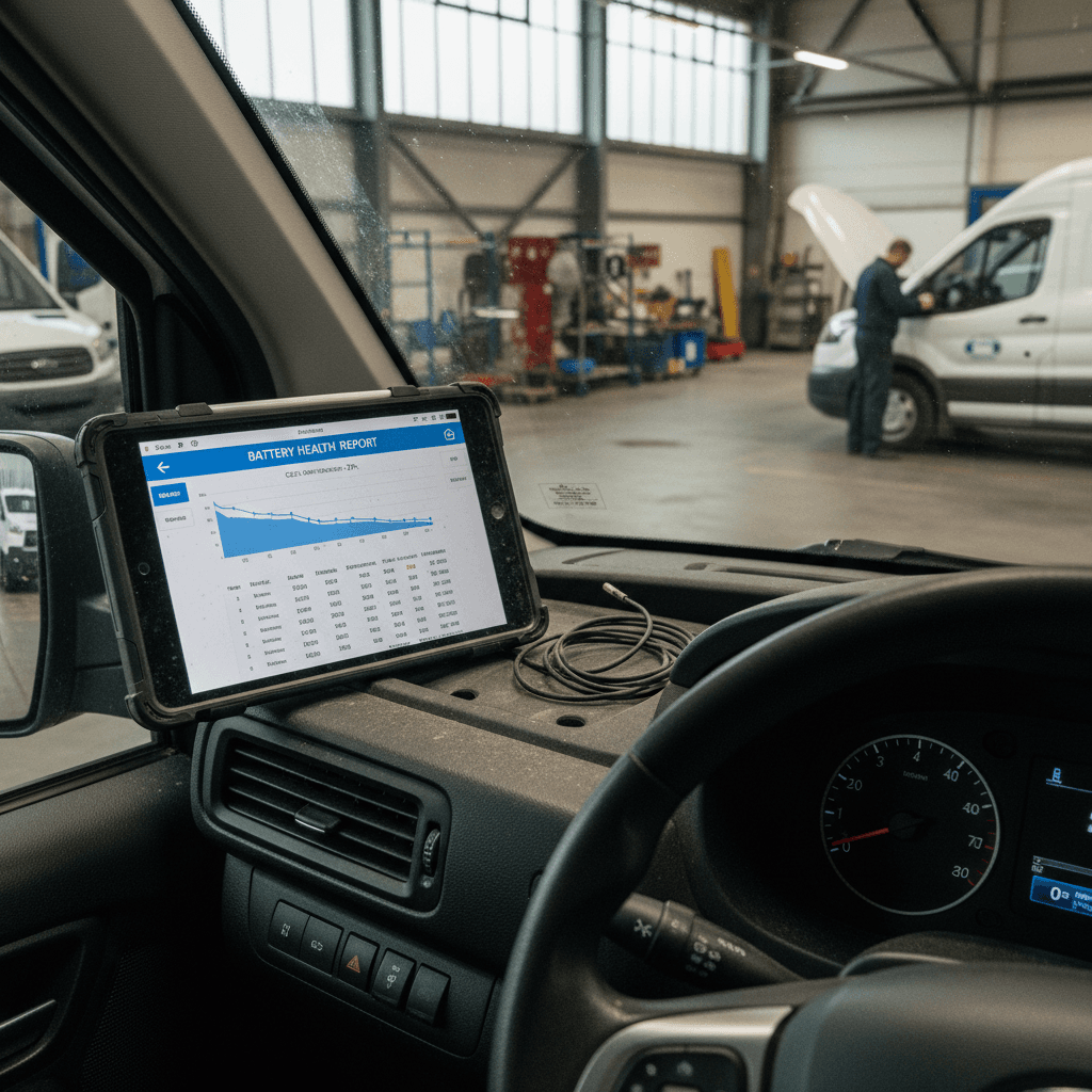 Fleet manager reviewing detailed battery health and range report for a used electric vehicle on a tablet in a depot office