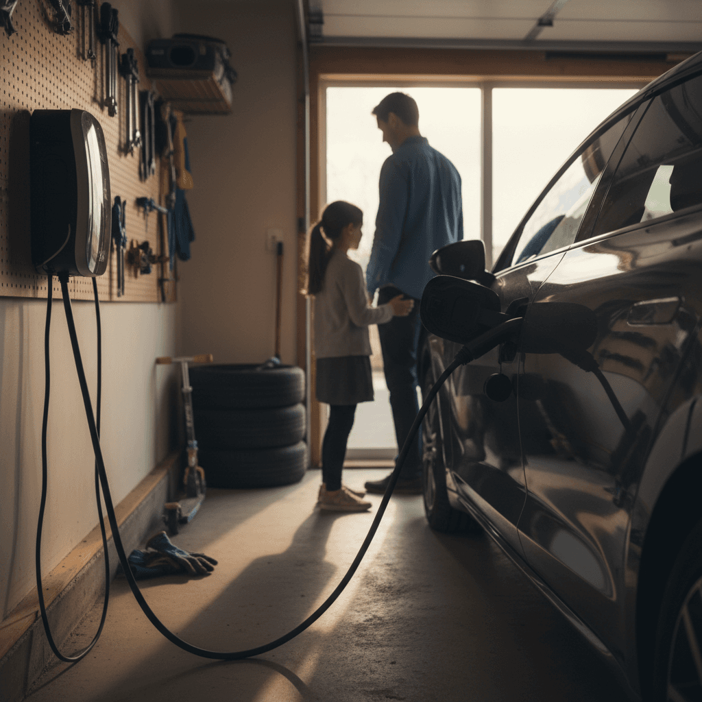 Family standing near an electric vehicle plugged into a home charger in a garage