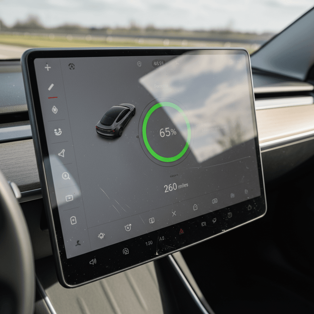 Tesla Model 3 center display showing battery range and charge state, which influences resale value