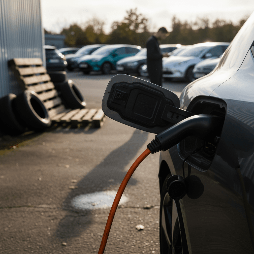Studio photo of a compact electric pickup truck concept in a minimalist setting