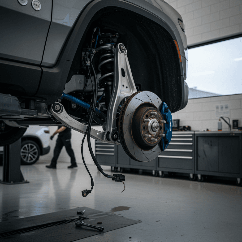Rivian R1S front suspension and wheel assembly inspected on a lift at a service center
