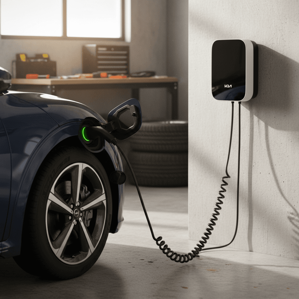 Kia EV6 plugged into a wall-mounted Level 2 charger in a home garage